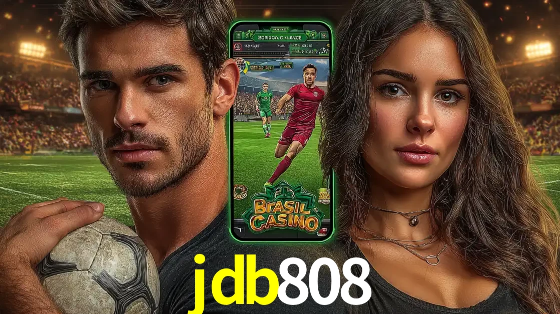 Homem segurando uma bola de futebol e uma mulher ao lado de um smartphone exibindo o jogo de apostas esportivas da jdb808. Faça seu palpite no cassino online.